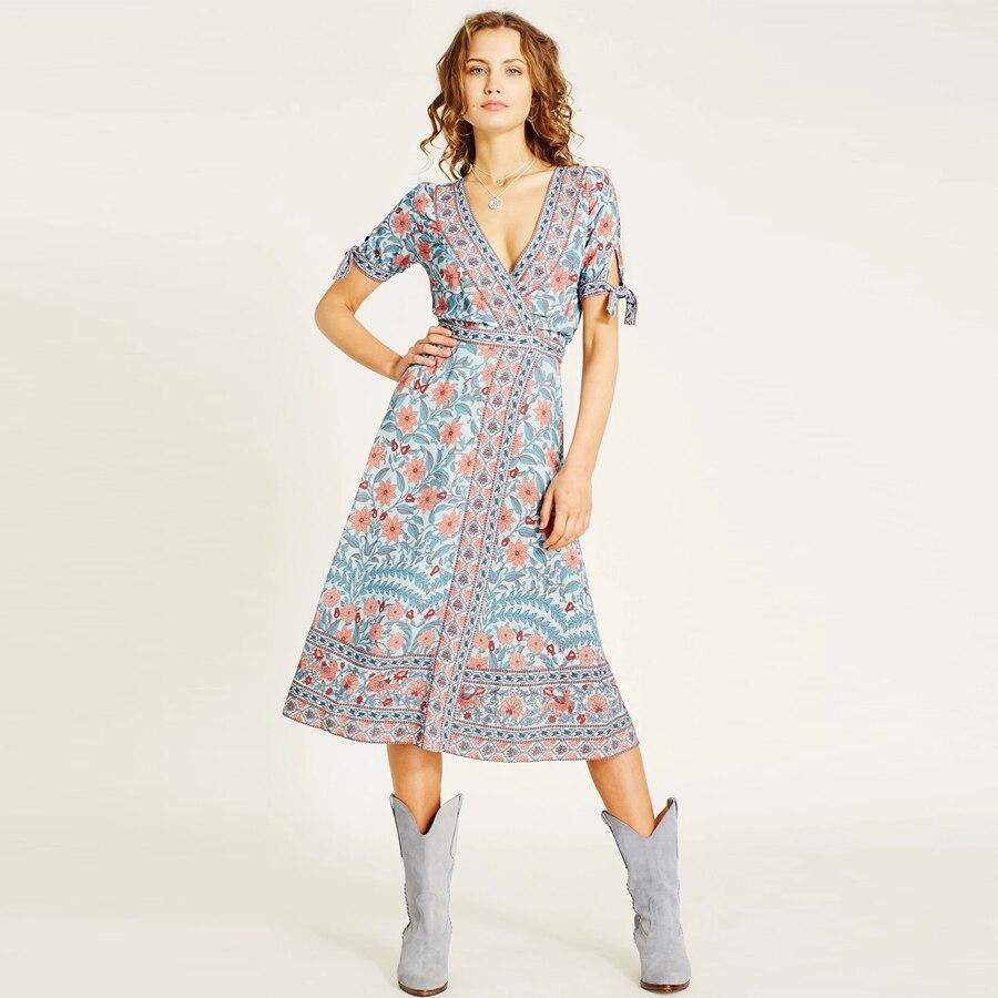 Boho Floral Wrap Midi DressClistos