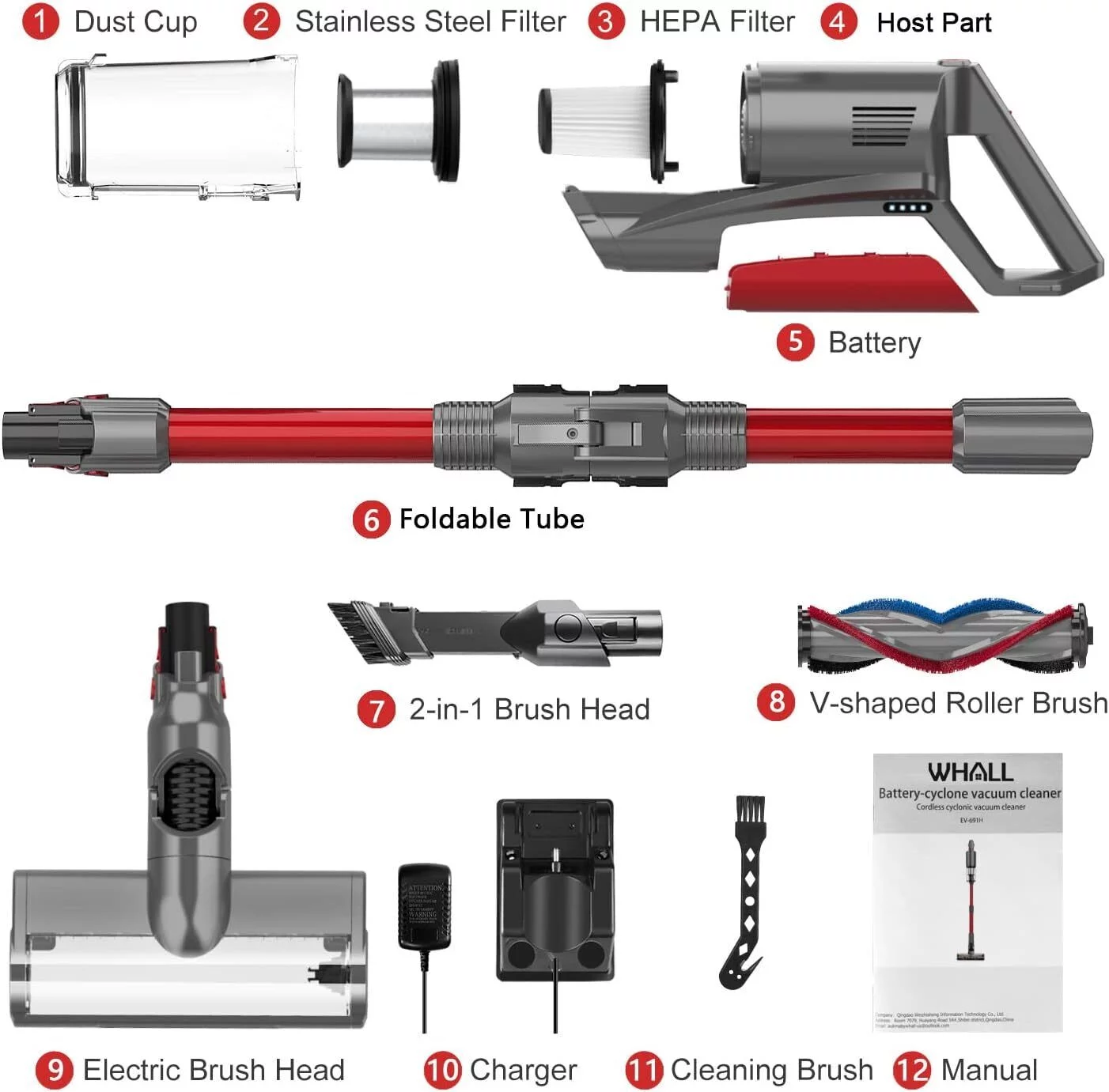 Restored WHALL EV-691R Powerful Cordless Stick Vacuum Cleaner HardFloor Carpet Pet Hair- RED (Refurbished)