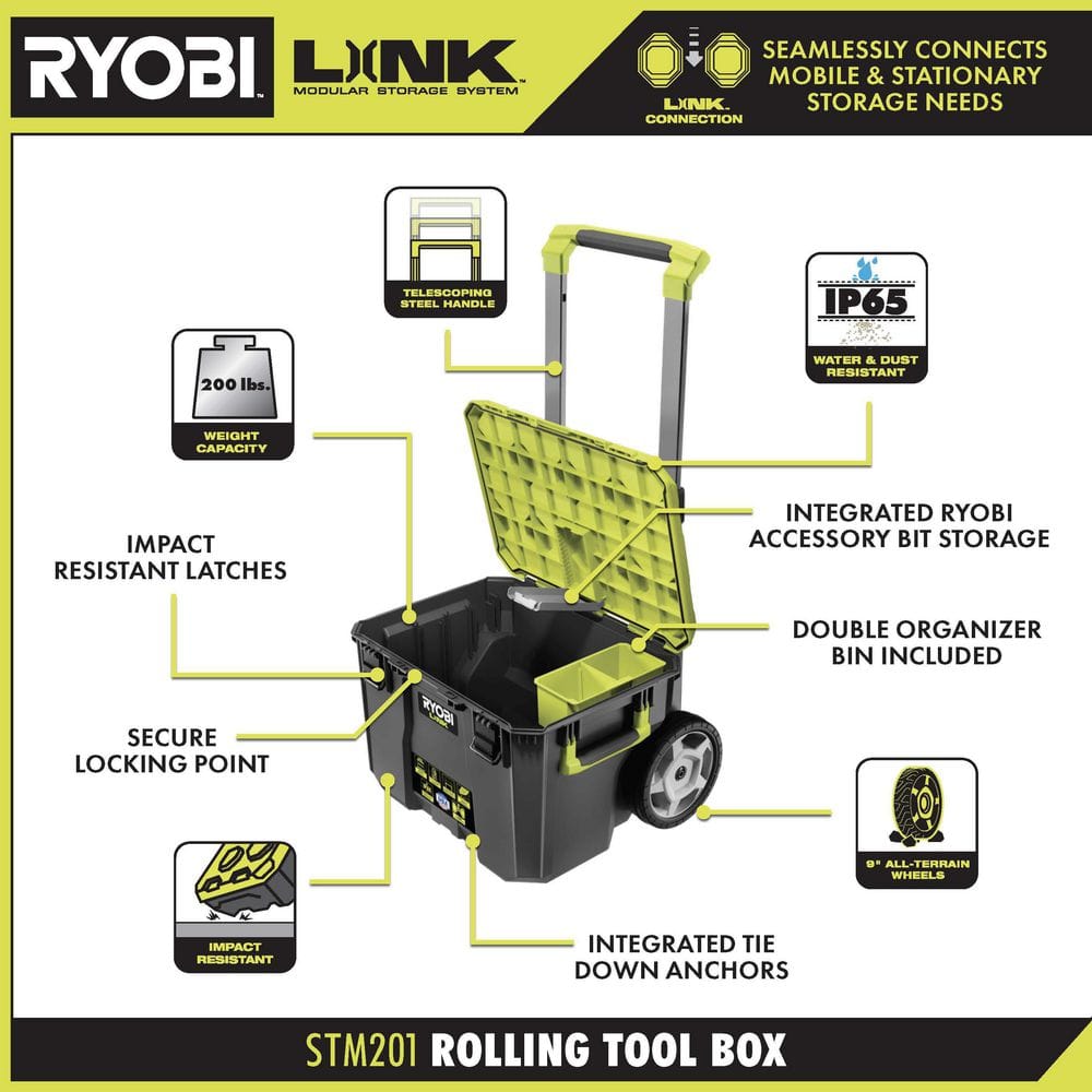 RYOBI LINK Rolling Tool Box with LINK Medium Tool Box and LINK Standard Tool Box STM201-STM102-STM101