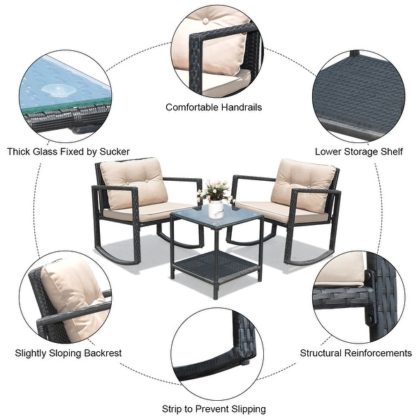 Costway 3PC Patio Rattan Conversation Set Rocking Chair Cushioned Sofa