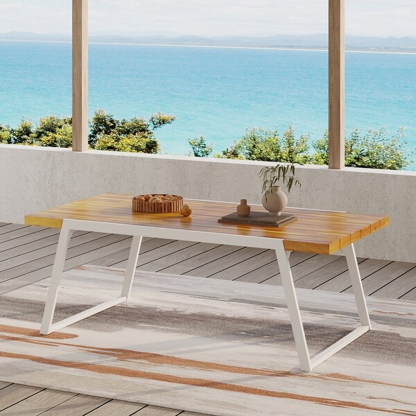 Teak Wooden Slat Panel Tabletop and a Sleek Sled Base Frame Outdoor Dining Table 70.75