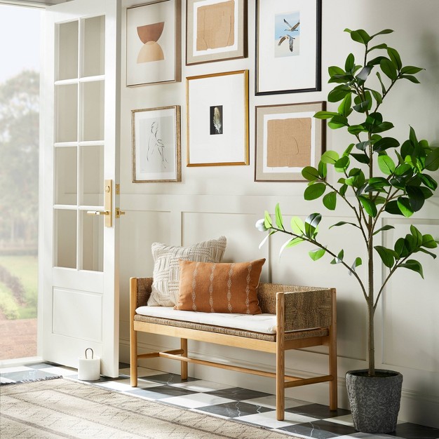 Elden Wood Bench With Woven Back And Loose Cushion Seat Designed With Studio Mcgee