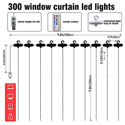 Dazzle Bright Window Curtain Fairy Lights, 300 LED RGB Color Changing Copper Fairy Lights with Remote, 4 Lighting Modes USB Powered Icicle Lights for Indoor Outdoor Wedding Party Xmas Decor