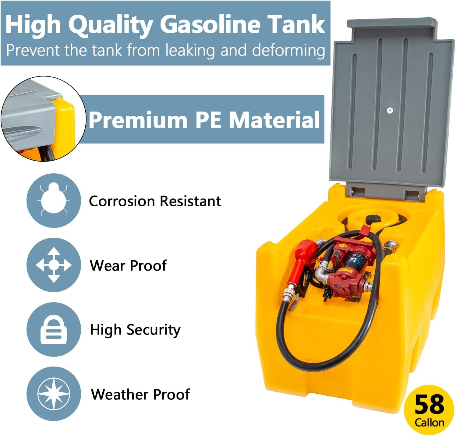 2026 TECSPACE 58 Gallon Gasoline Tank, Portable Fuel Tank with 12V Electric Fuel Transfer Pump, 40 GPM Gasoline Fuel Tank with 4 Meters Hose for Gasoline Transportation (Yellow, 58 gal)