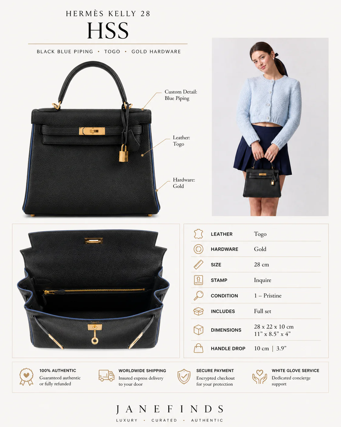 Hermès Kelly 28 Retourne HSS Noir Togo with Blue Piping Gold Hardware