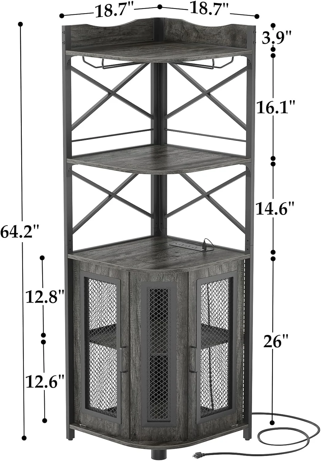 LIHONG Corner Bar Cabinet with Power Outlet, Industrial Wine Cabinet with LED Strip and Glass Holder, 5-Tiers Liquor Cabinet Bar Unit for Home, Corner Display Cabinet for Small Space, Grey Oak