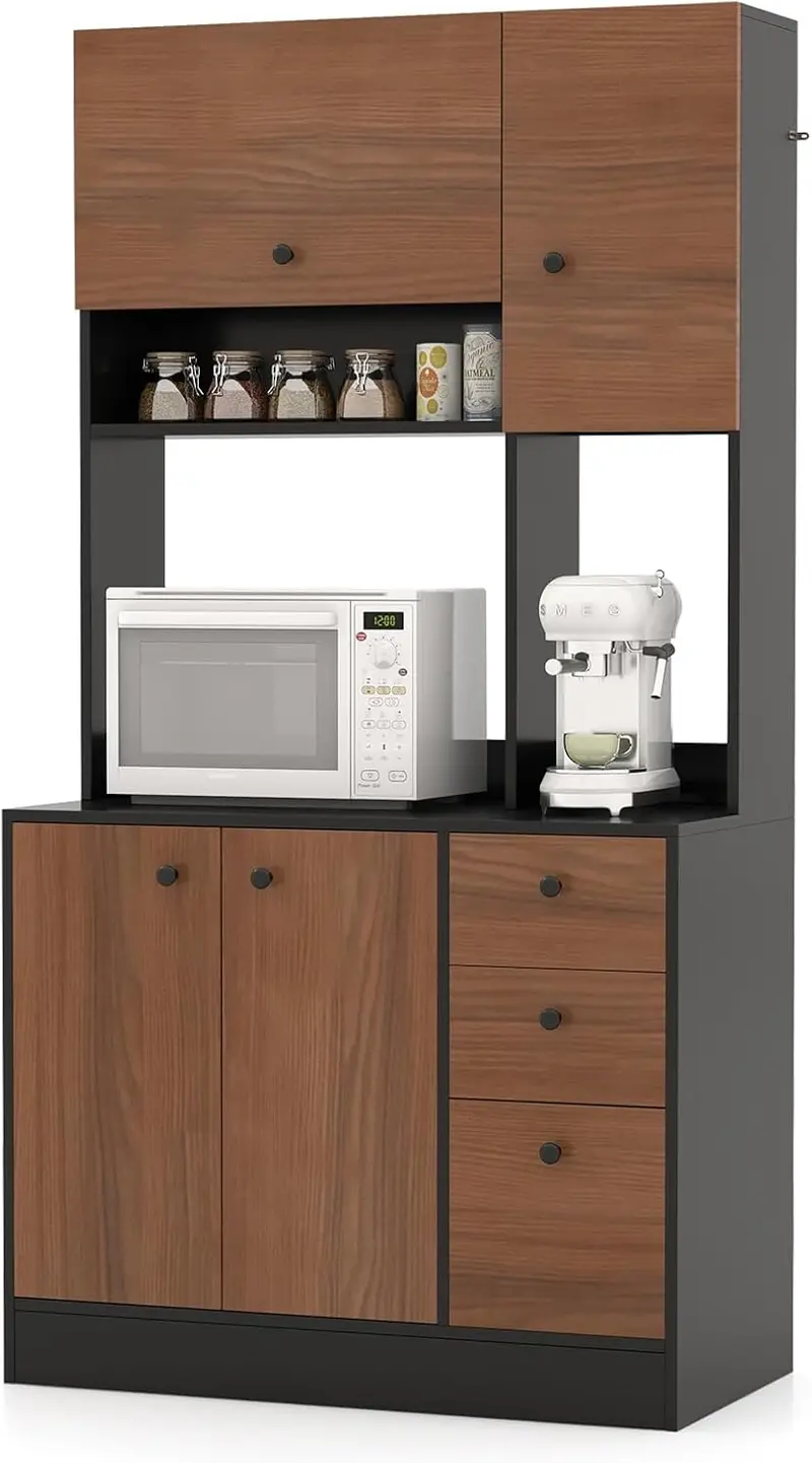 Walnut Kitchen Pantry Hutch – 71-Inch Tall Buffet with Drawers & Microwave Counter