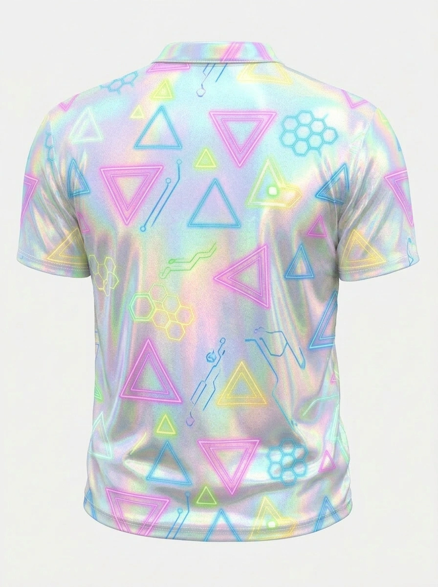 Moisture Wicking Golf Polo 3D Holographic Neon Geometric Button Short Sleeve Golf Polo Shirt
