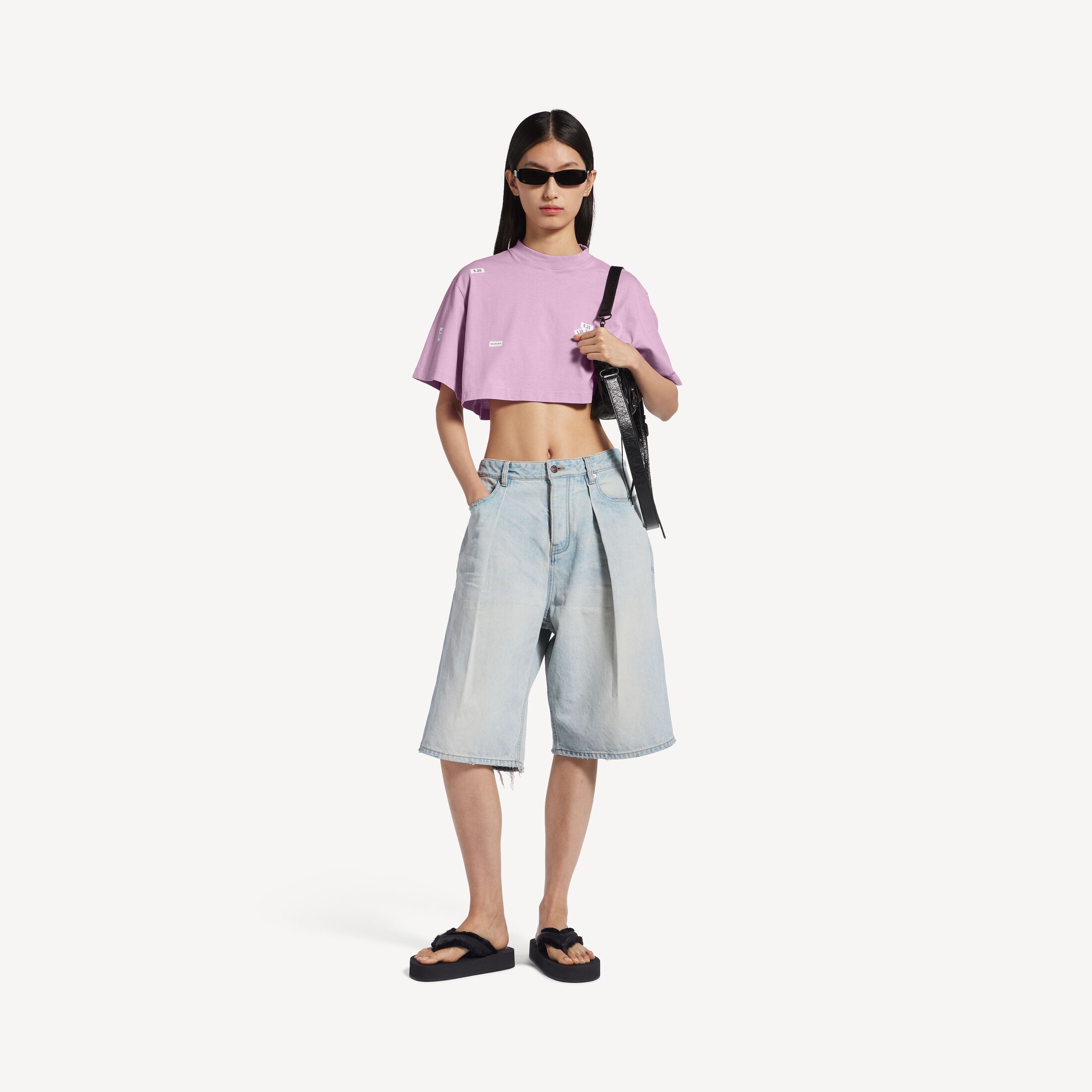 BALENCIAGA WOMEN'S 520 STICKERS CROPPED T-SHIRT IN OLD PINK/WHITE 520 Stickers Cropped T-Shirt in old pink and white dry jersey
