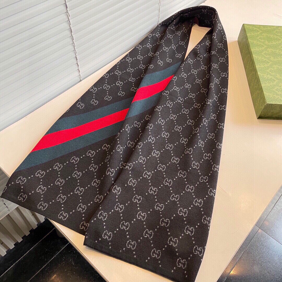 Gucci Cashmere Scarf Stripe Black For Women 190cm