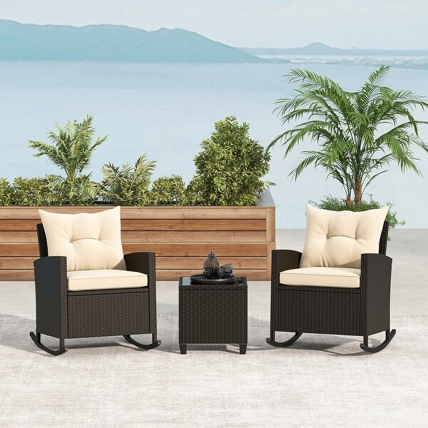 Gymax 3 Piece Outdoor Rocking Set Rattan Rocking Chair Set w/ Tempered