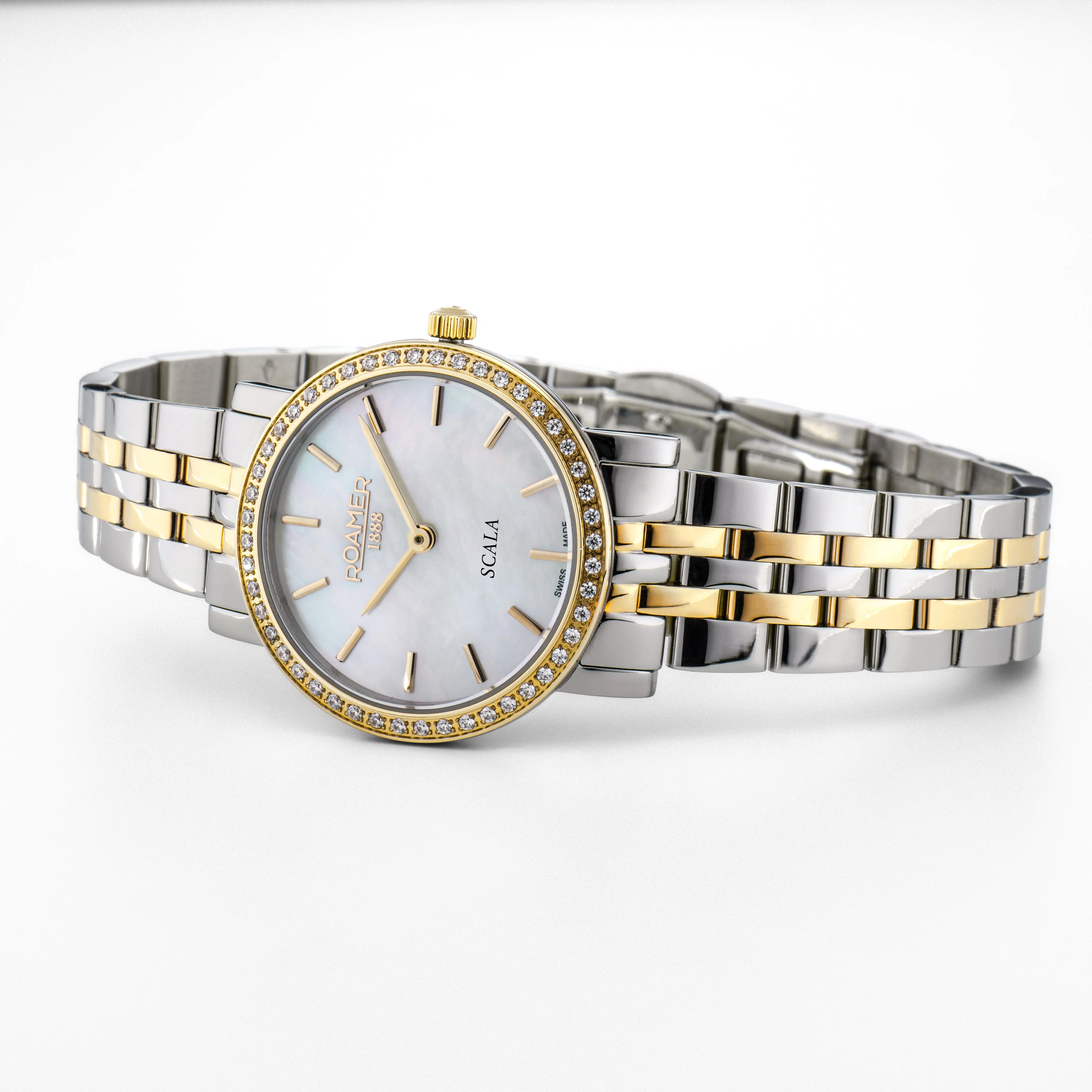 Scala 28 mm Quartz Two-Hand White Mop Dial Silver-Gold Tone Bracelet Sapphire glass Stainless Steel swiss watch
