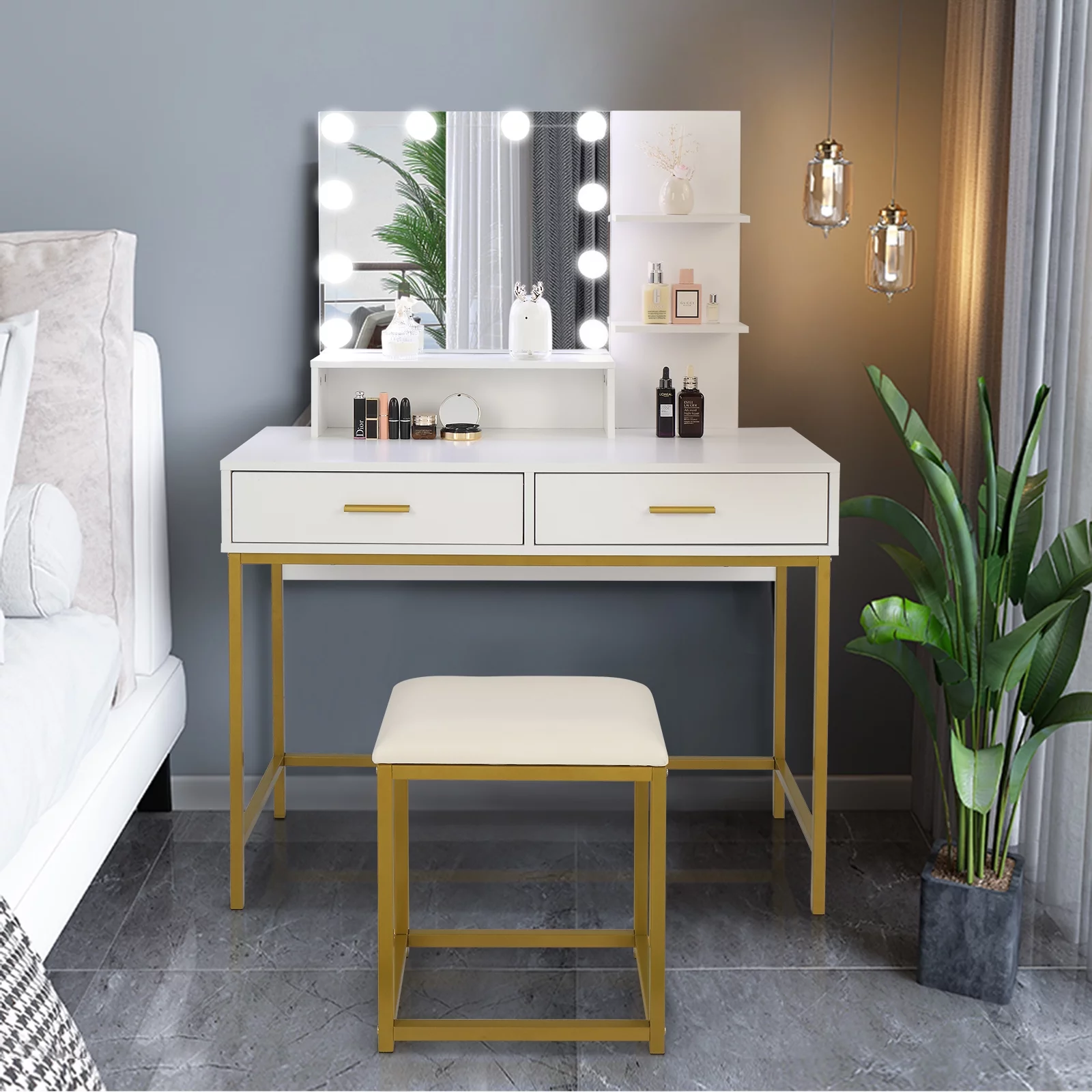 Smuxee Modern Vanity Table with Lighted Mirror,2 Drawers,3 Shelves,Dressing Table for Bedroom,White