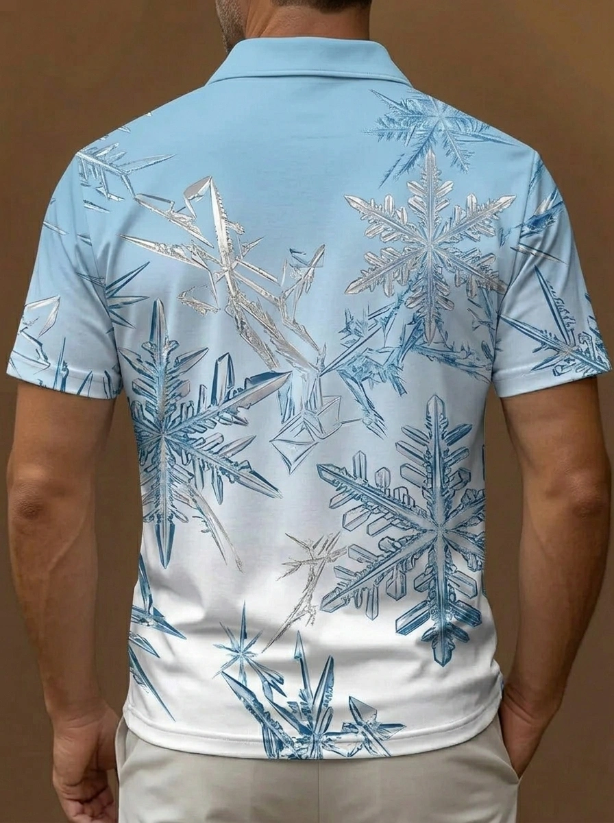 Light Blue White Gradient Silver Snowflake Print Short Sleeve Golf Polo Shirt