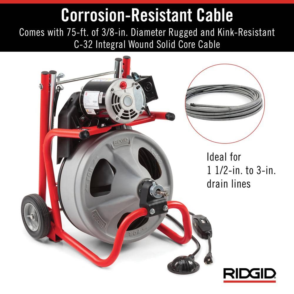 Ridgid K-400 Drain Cleaning Snake Auger 120-Volt Drum Machine with C-32IW 3/8 in. x 75 ft. Cable + 4-Piece Tool Set & Gloves 52363