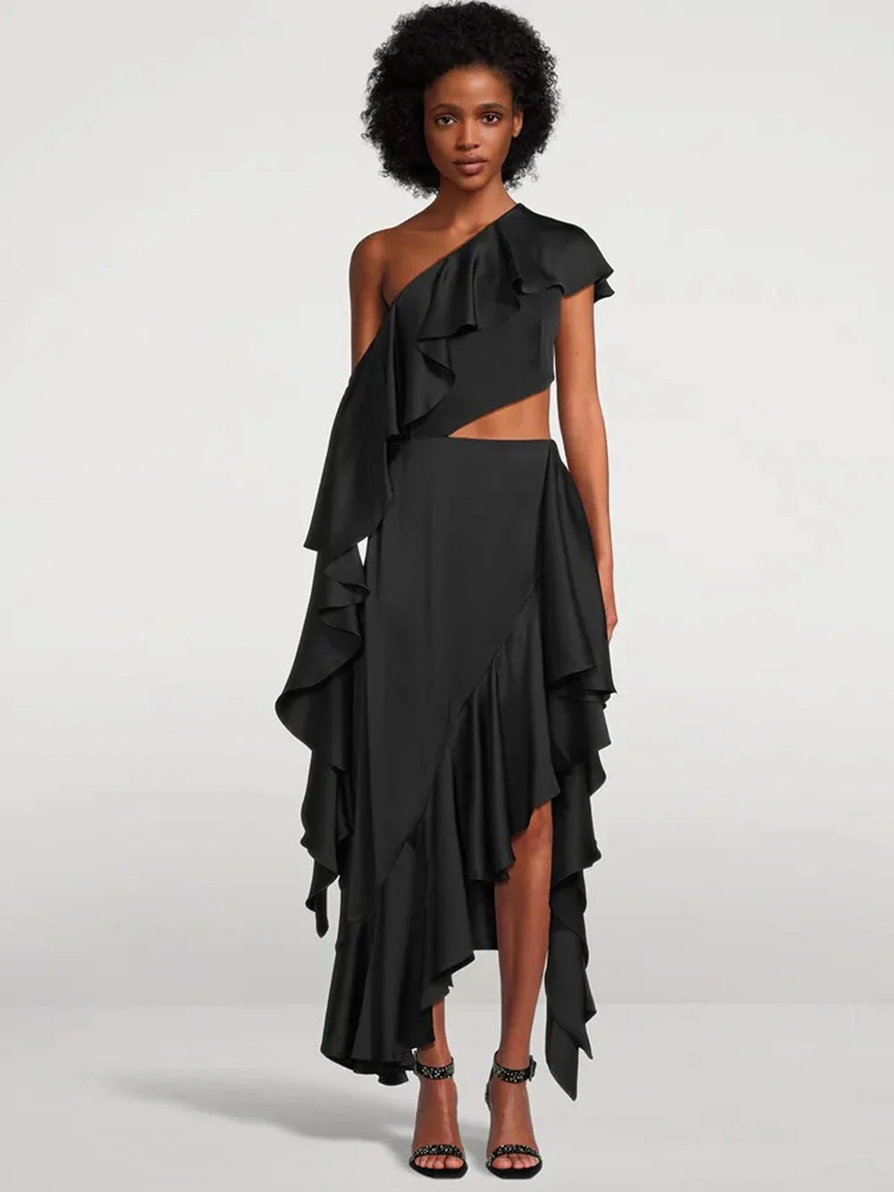 Asymmetric Ruffle One Shoulder Cutout DressClistos
