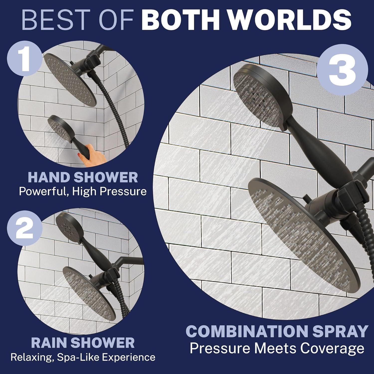 Dual Shower Head Combo, 8-Inch Rainfall + 3-Spray Handheld, Matte Black High Pressure