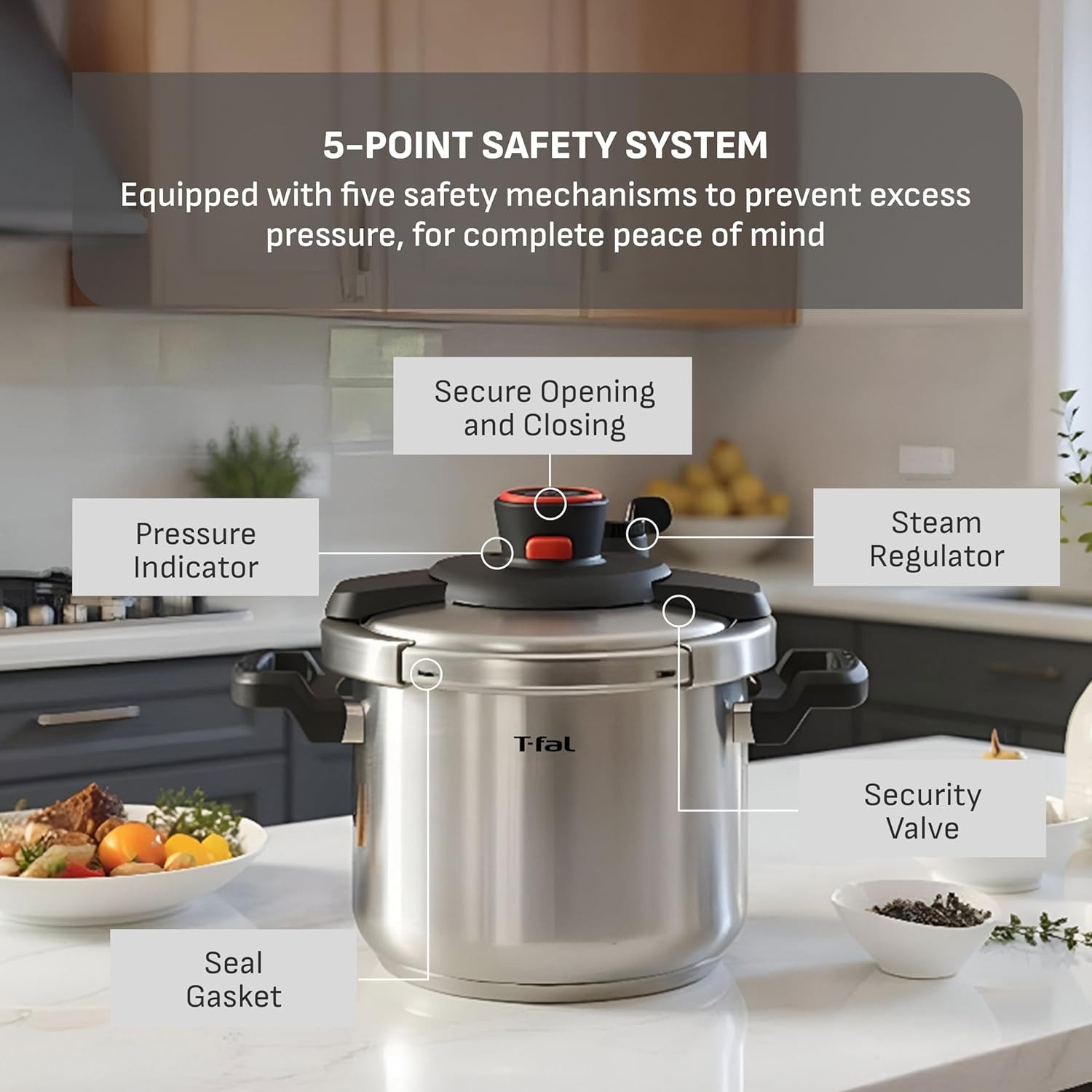 Stainless Steel Pressure Cooker, 6.3 Quart, Recipe Book, Steam Basket, Easy-Open Lid, Secure Locking System, Adjustable Pressure Valve, Induction Cookware, Pots and Pans, Kitchen, Silver