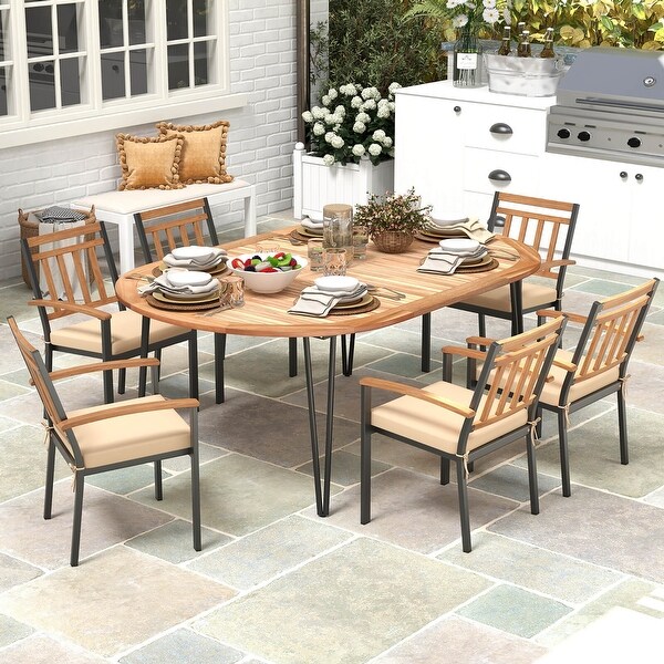 Gymax 79'' Patio Dining Table w/ Umbrella Hole Acacia Wood Tabletop and