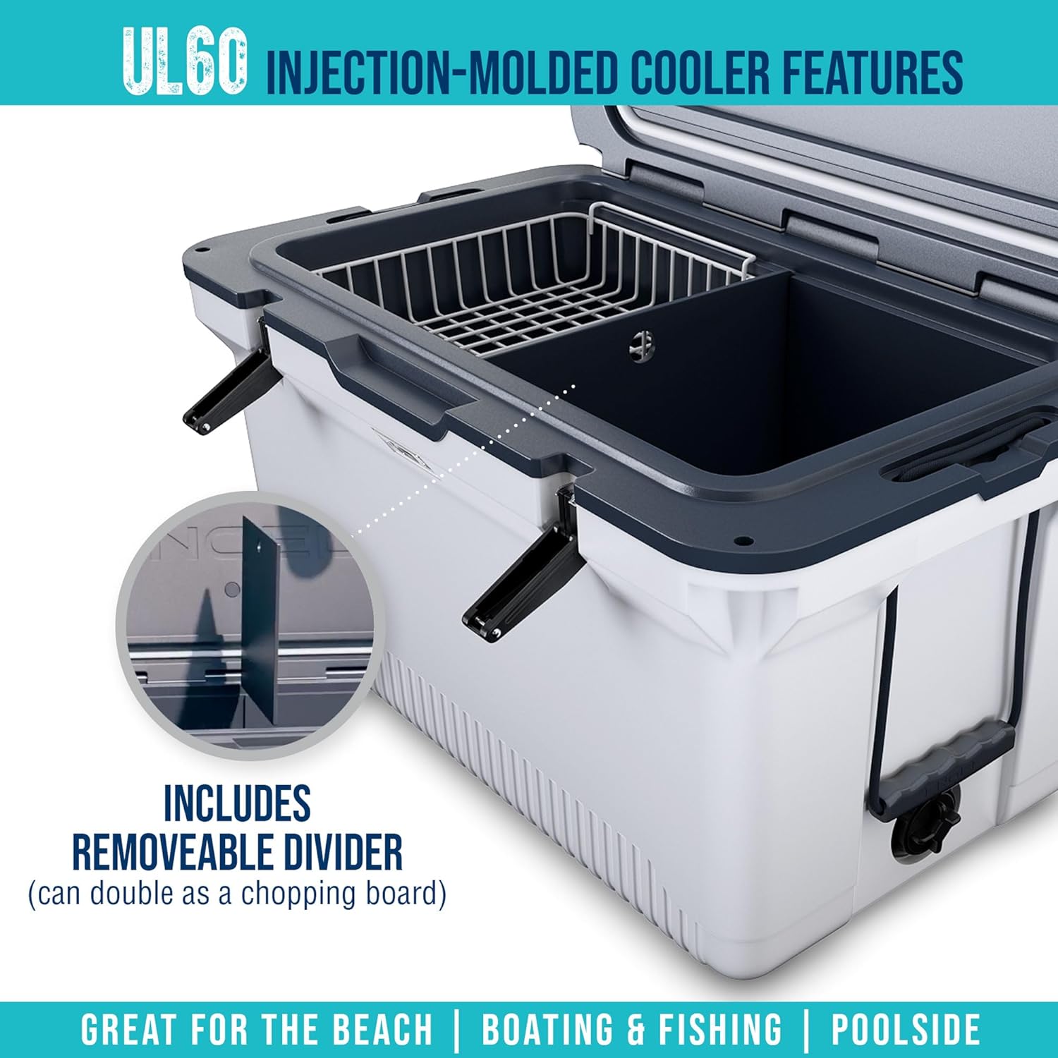 60 QT Ultra-Light Injection Molded Cooler - Ice Chest Keeps Ice up to 7 Days - Large Cooler Includes Wire Basket, Divider and Built-in Bottle Opener