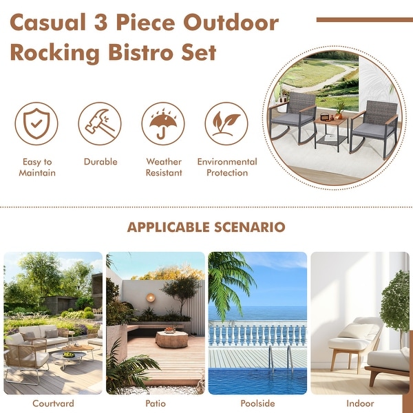 3 Piece Rocking Chair Patio Bistro Set Balcony Chairs Conversation Sets With Coffee Table and Cushions