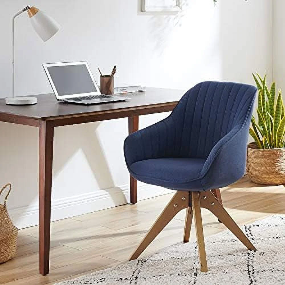 TJUNBOLIFE Mid Century Modern Swivel Accent Chair with Beech Wood Legs  Desk Chair No Wheels  Armchair for Desk  Brown Leathaire Back Side and Gray Fabric Upholstered