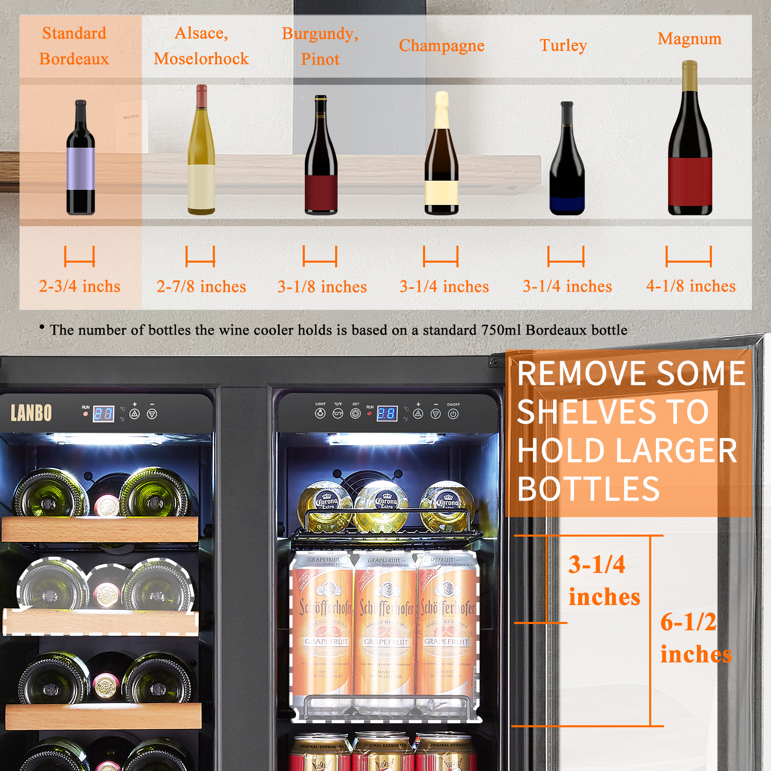 Lanbo - Freestanding/Built-In 23.4'' width 18 Bottle 56 Can Dual Zone Combo Wine and Beverage Cooler - Black