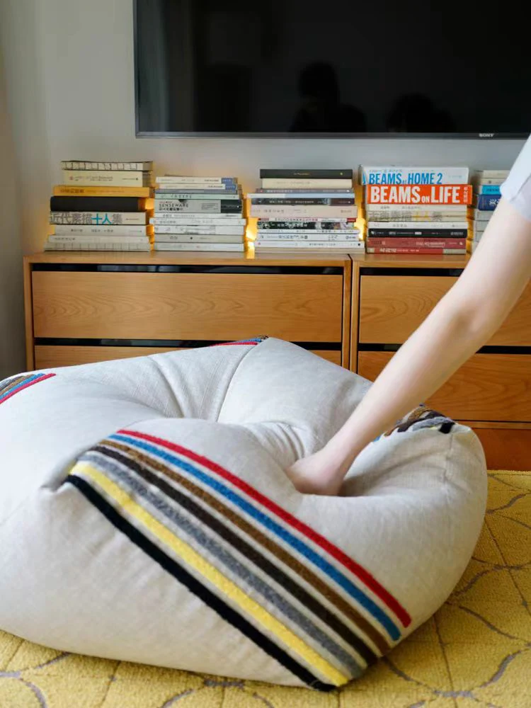 CH046 - Dimpled Ottoman Linen Solid Color Embroidered Rainbow Pouf Lazy Sofa Footstool