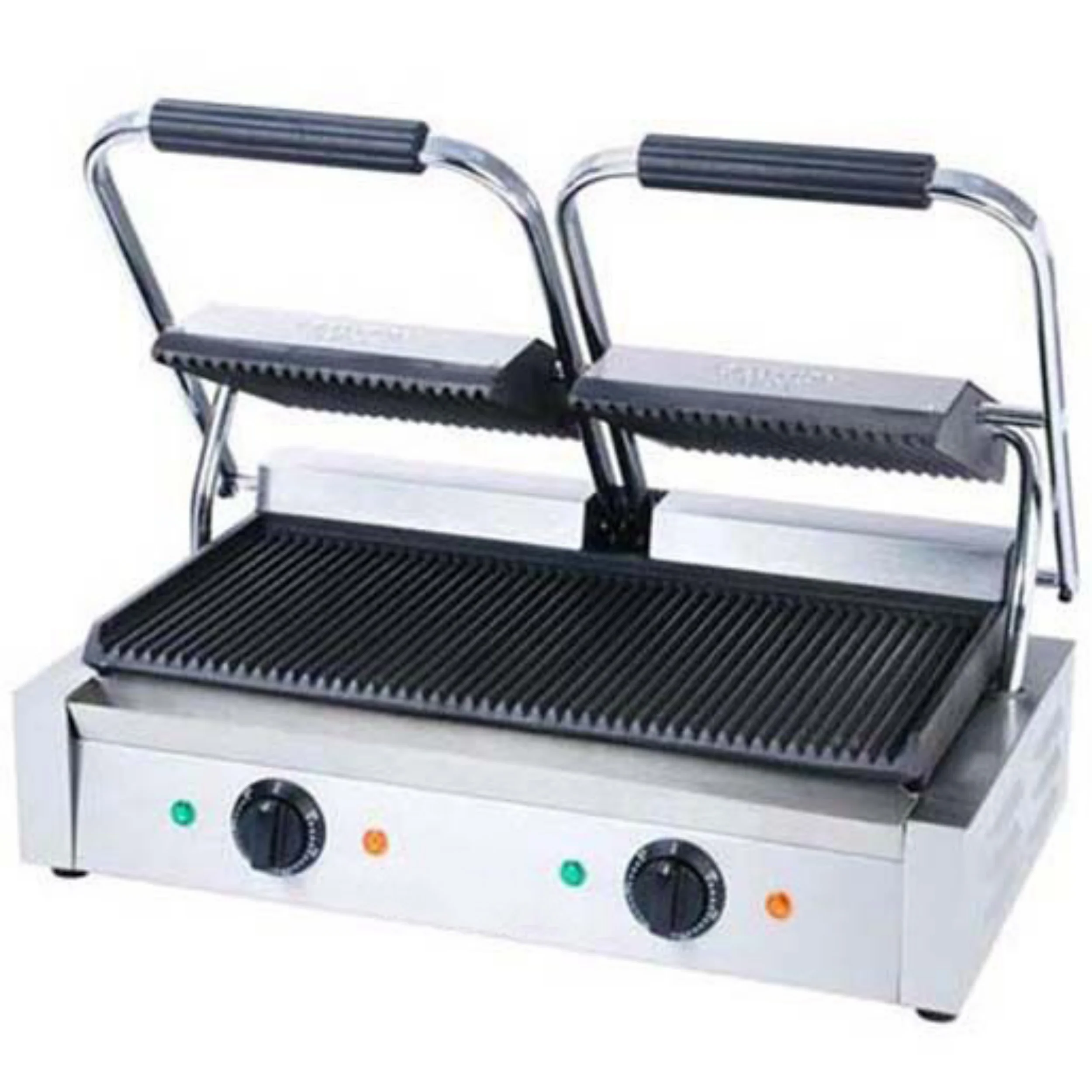 FSE SG-813 Double Electric Sandwich Panini Grill with Cast Iron Grooved Plates, Oil Tray, 120v