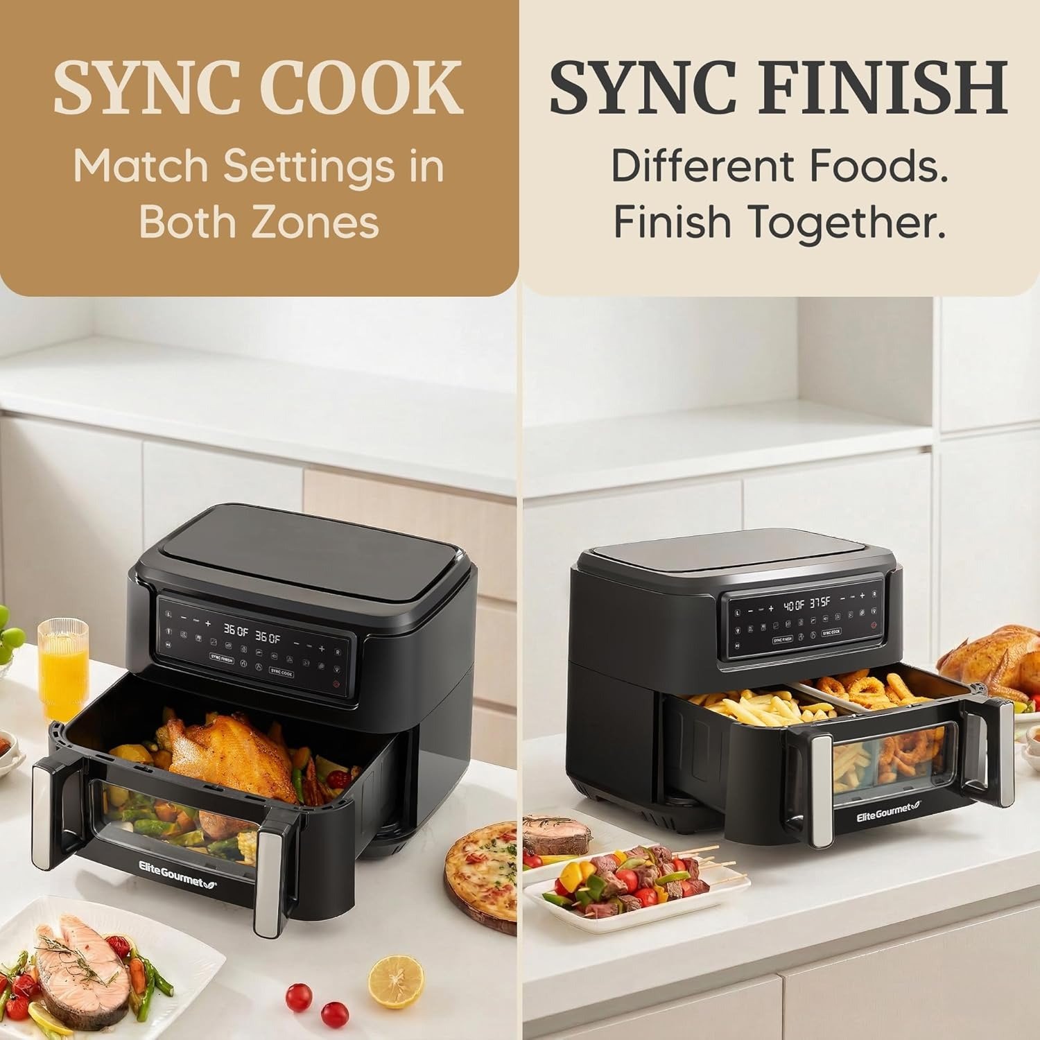 Dual Independent Zone Air Fryer, Dishwasher Safe, Multi-Functional Cooking, Compact Design