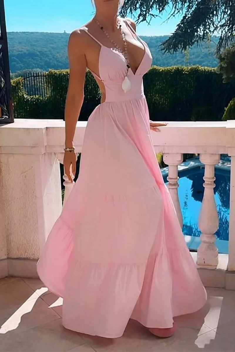 Backless Flounce Maxi Dress - V-Neck Spaghetti StrapClistos
