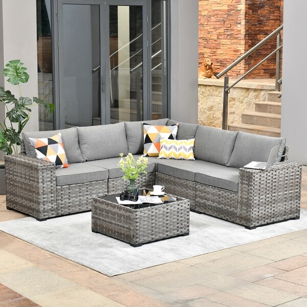 OVIOS Patio Wicker Furniture Wide Arm 6piece Set with Table