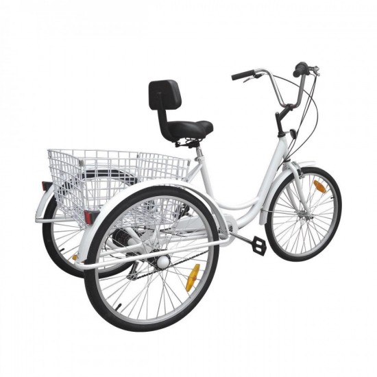 White 7-Speed 24″ With Basket 3-Wheel Tricycle 3 Wheeled Trike Bicycle Cruise Bike Bicycle
