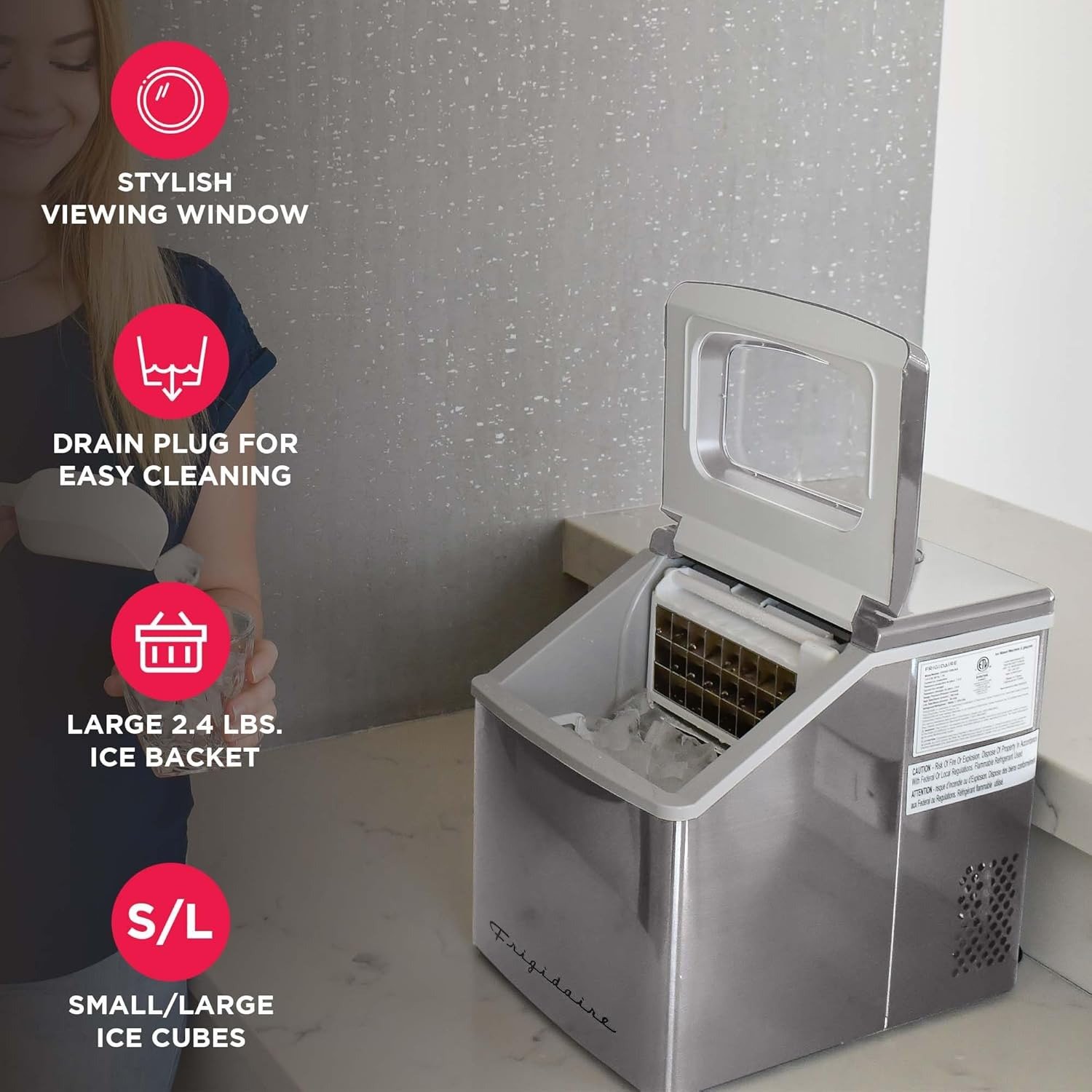 40 Lbs Extra Large Clear Maker, Stainless Steel, Makes Square Ice