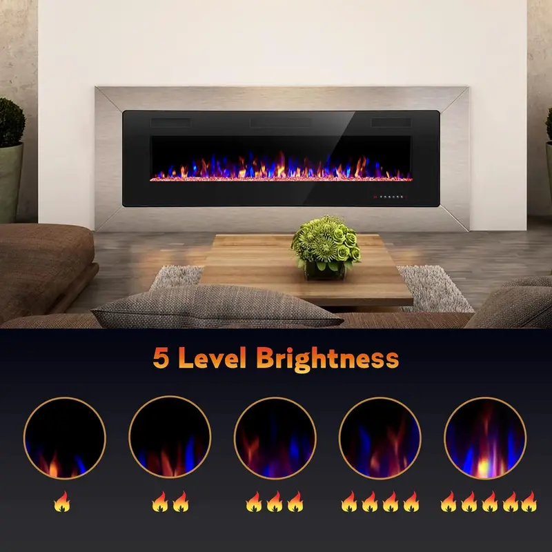 R.W. FLAME 60″ Recessed Electric Fireplace – Wall-Mounted Low-Noise Heater with Touch Screen, Flame Customization & Remote Timer