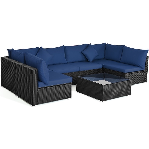 Gymax 7PCS Rattan Patio Conversation Set Sectional Furniture Set w/