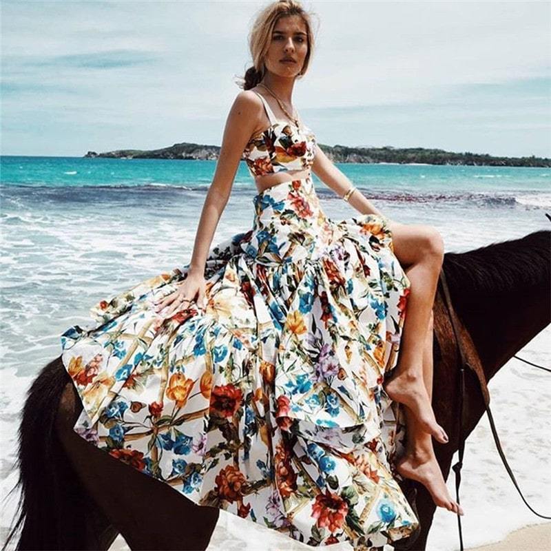 Boho Floral Two-Piece Maxi Dress SetClistos