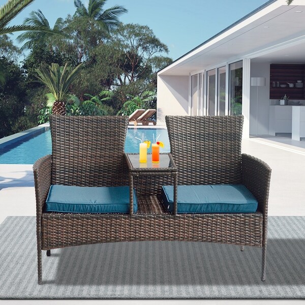 Outdoor Loveseat Rattan Wicker Two Seater,Patio Conversation Sets Builtin Coffee Table and Cushion for Balconies