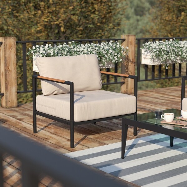 Aluminum Frame Patio Chair with Teak Arm Accents and Plush Cushions