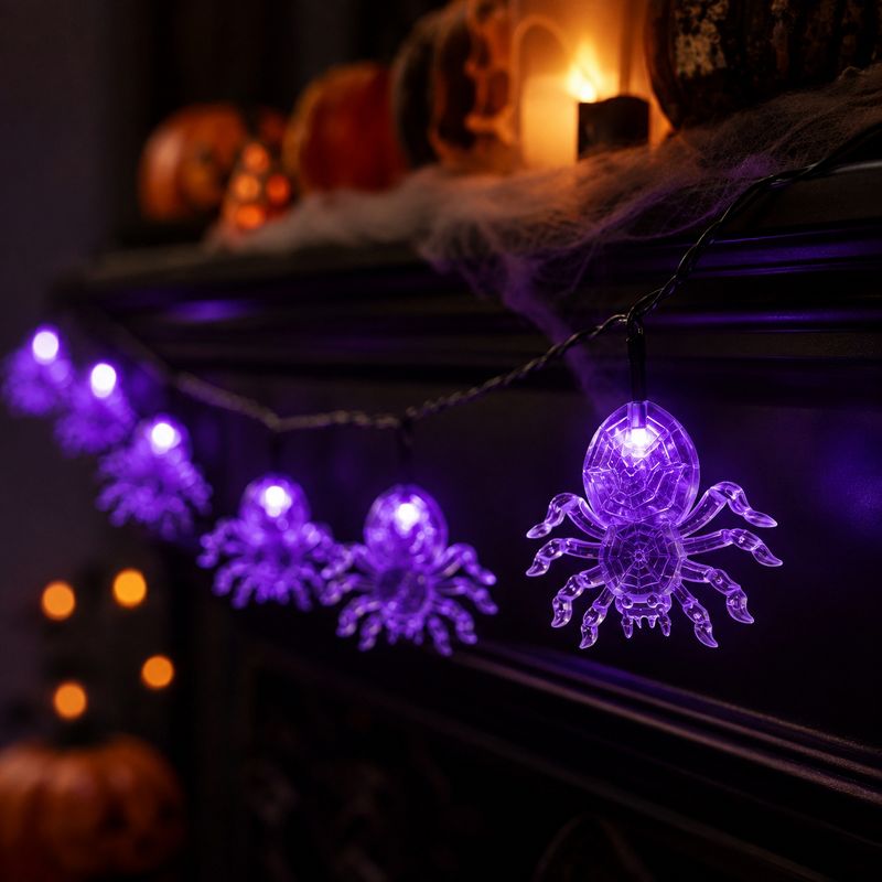 Northlight LED Lighted Spider Halloween Lights - Purple - 6' Black Wire - 10pcs