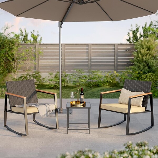 3 Piece Rocking Patio Bistro Set Wicker,Rocking Chair Pub Set with Glass Table