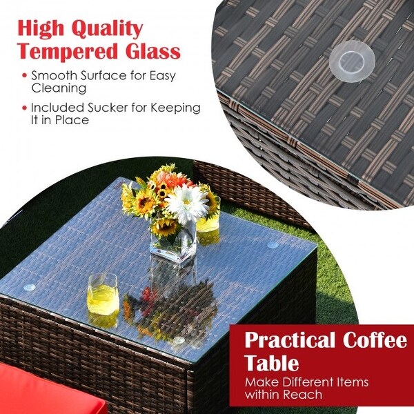 6 Pieces Patio Rattan Furniture Set with Cushions and Glass Coffee Table
