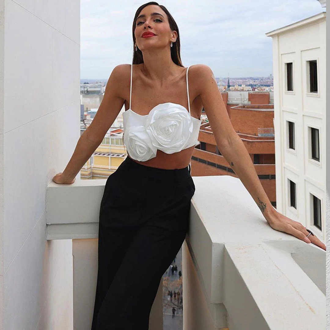 Floral Applique Satin Crop TopClistos