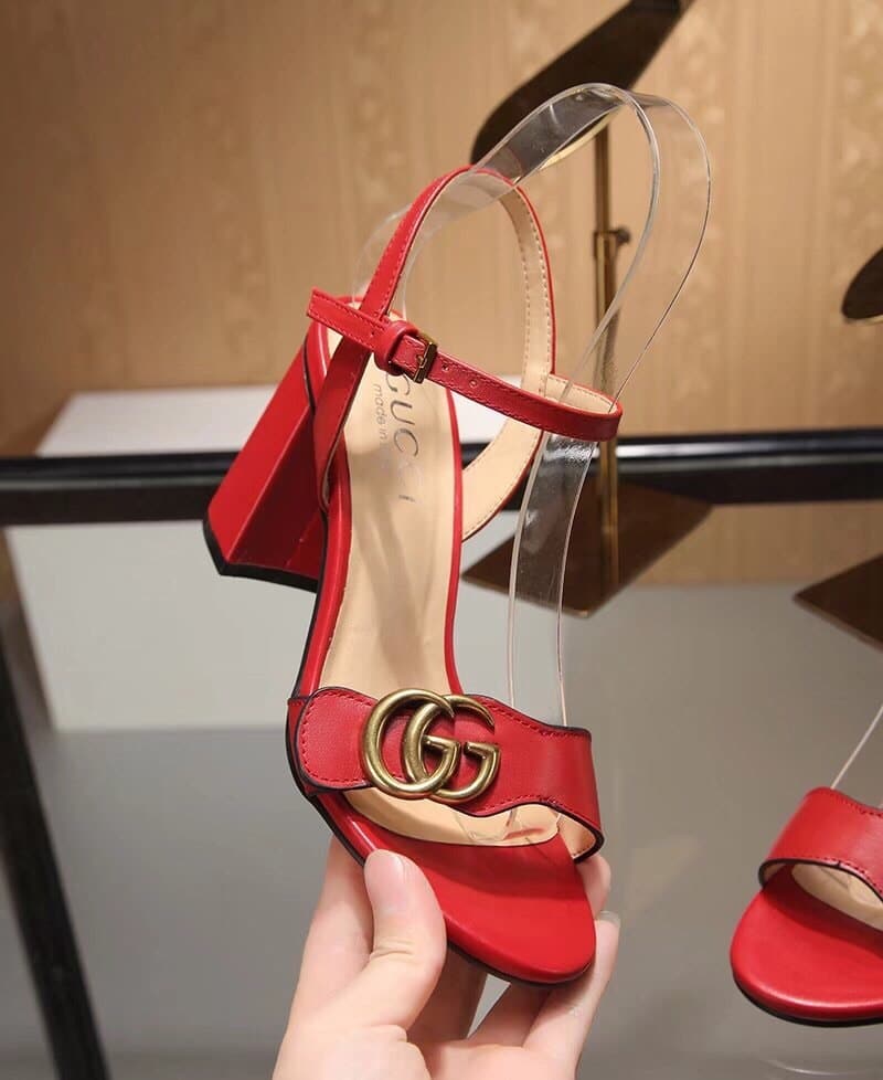 Gucci Leather Mid Heel Sandal Red