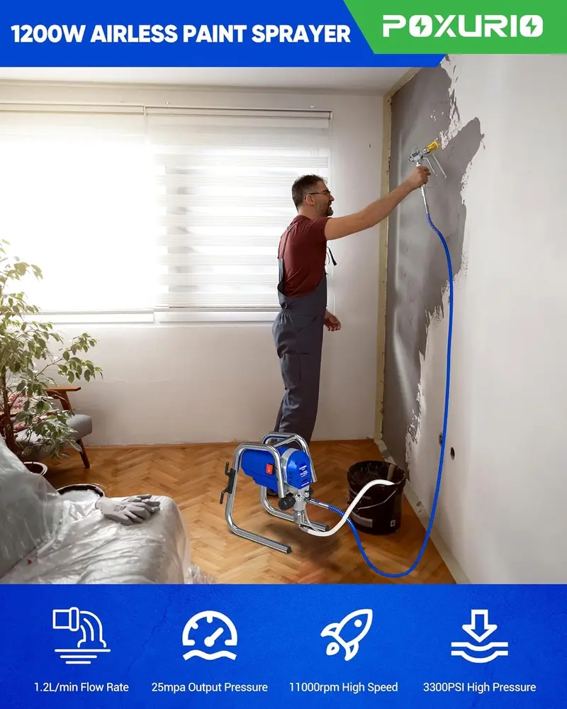 POXURIO 1200W Airless Paint Sprayer – 3300 PSI High-Pressure Electric Unit for Smooth, Professional Coating
