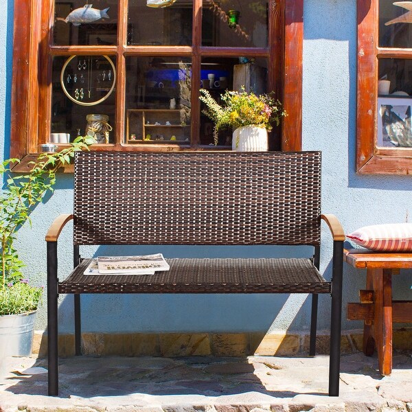 Gymax Patio Wicker Bench All Weather Rattan Chair Loveseat w/ Acacia