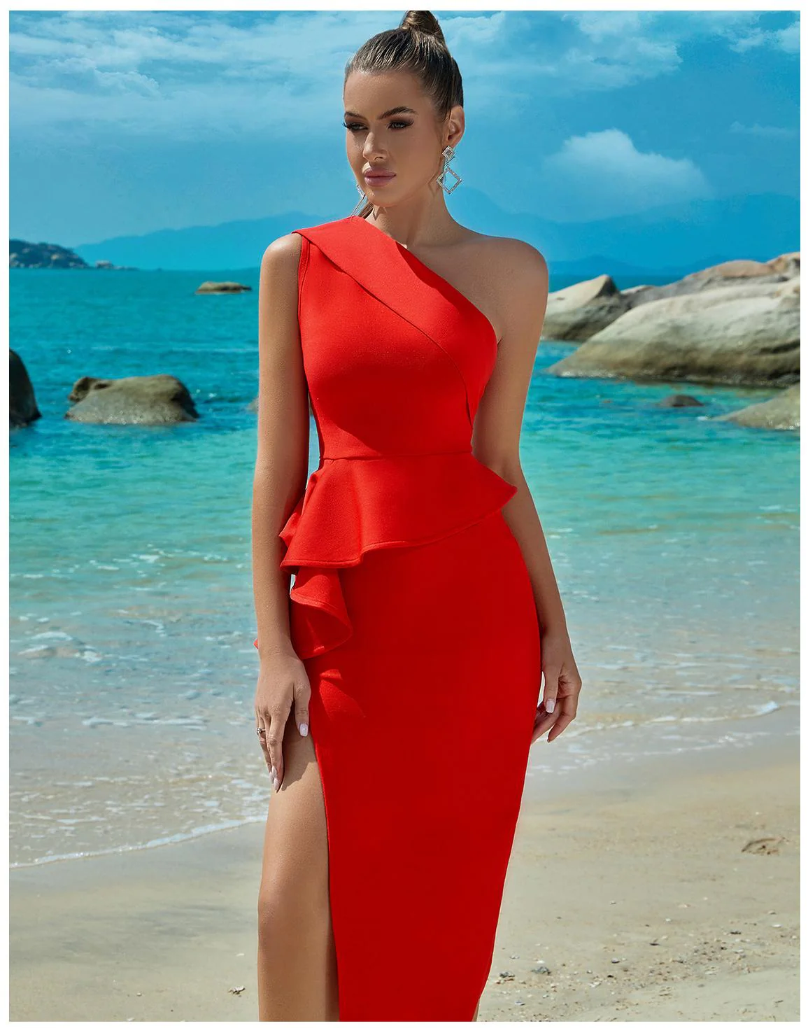 One Shoulder Ruffled Slit Midi DressClistos