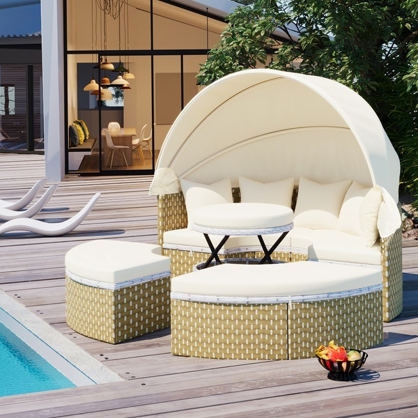 Outdoor Round Rattan Sectional Daybed Set with Retractable Canopy,Separate Seating and Removable Cushion