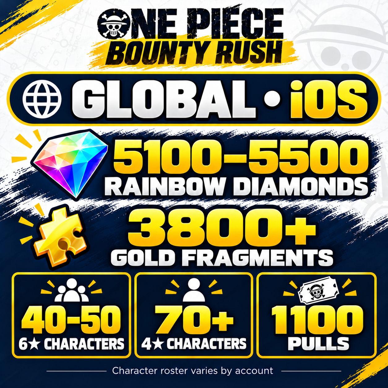 [Global] One Piece Bounty Rush OPBR Starter Account | 5100–5500 Rainbow Diamonds & 3800+ Gold Fragments | iOS