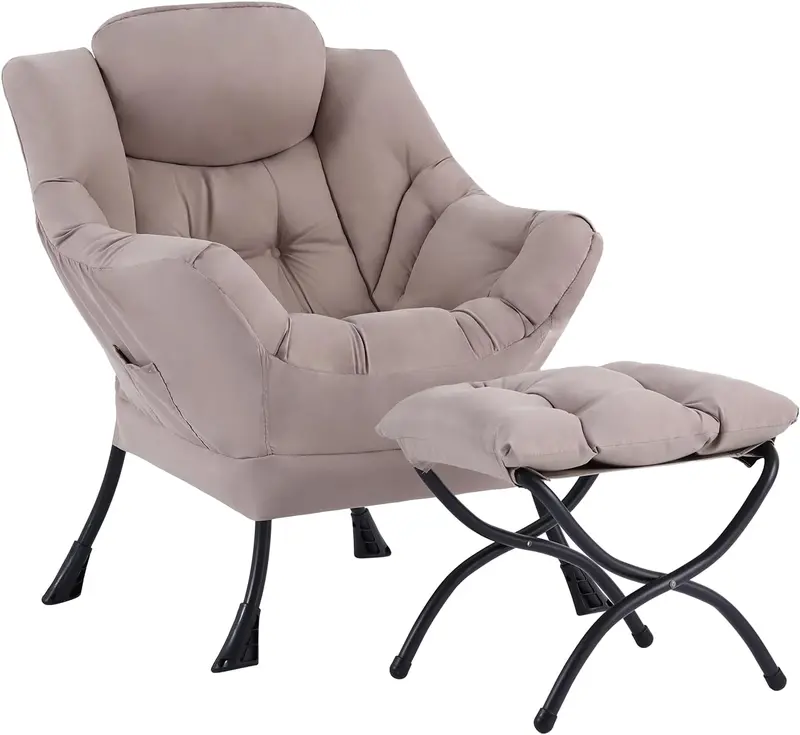 Welnow Modern Lazy Chair with Ottoman – Compact Accent Armchair Featuring Side Pocket and Footrest